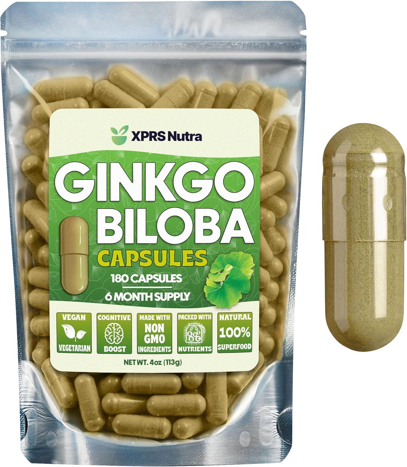 Vegan Ginkgo Biloba Capsules for Cognitive Health and Immunity Support - 180 Count