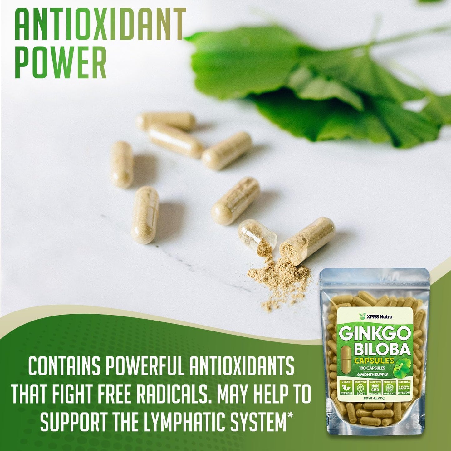 Vegan Ginkgo Biloba Capsules for Cognitive Health and Immunity Support - 180 Count