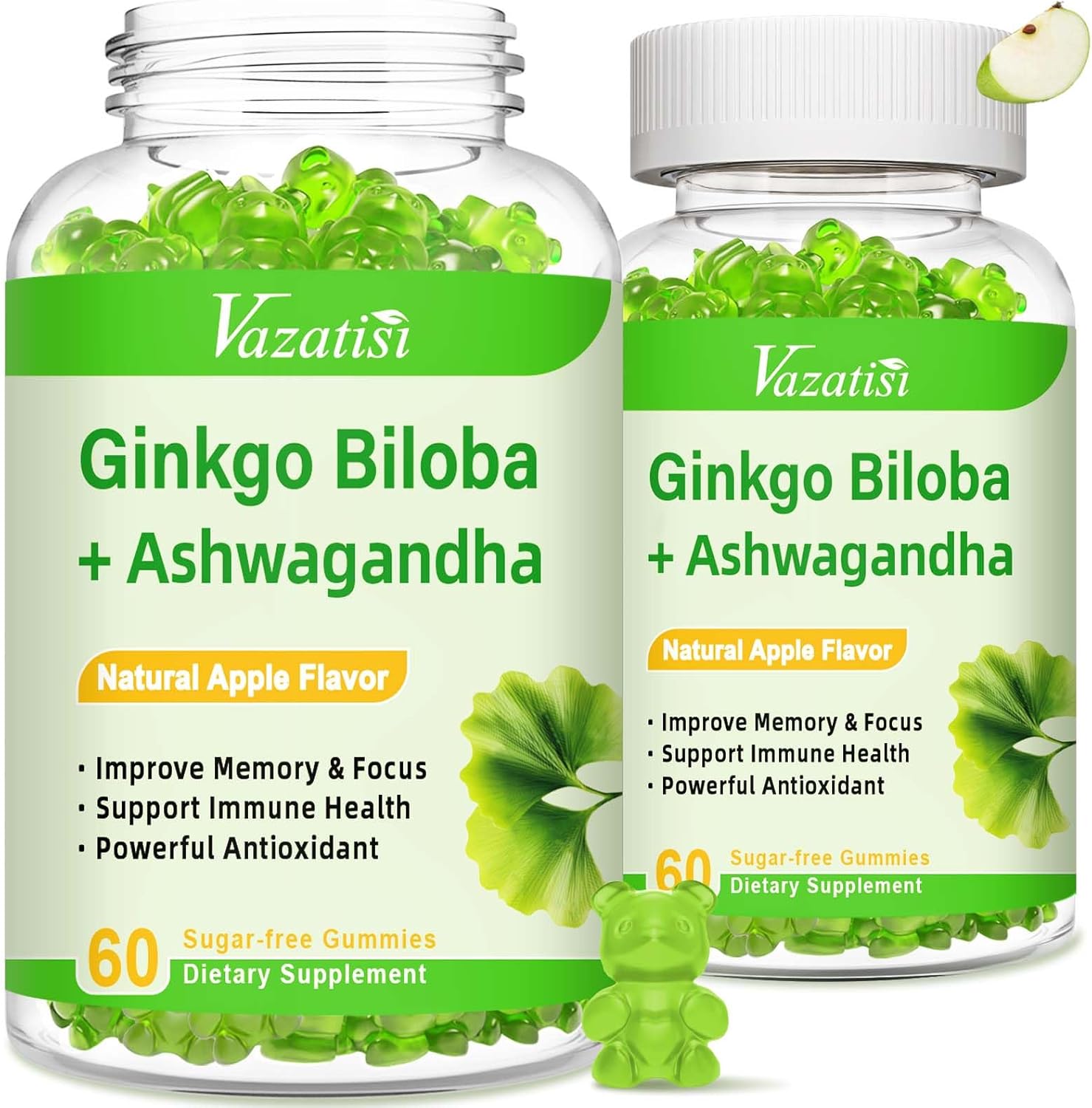 Vegan Ginkgo Biloba Gummies with Panax Ginseng for Improved Mood and Focus, Apple Flavor, 120 Count