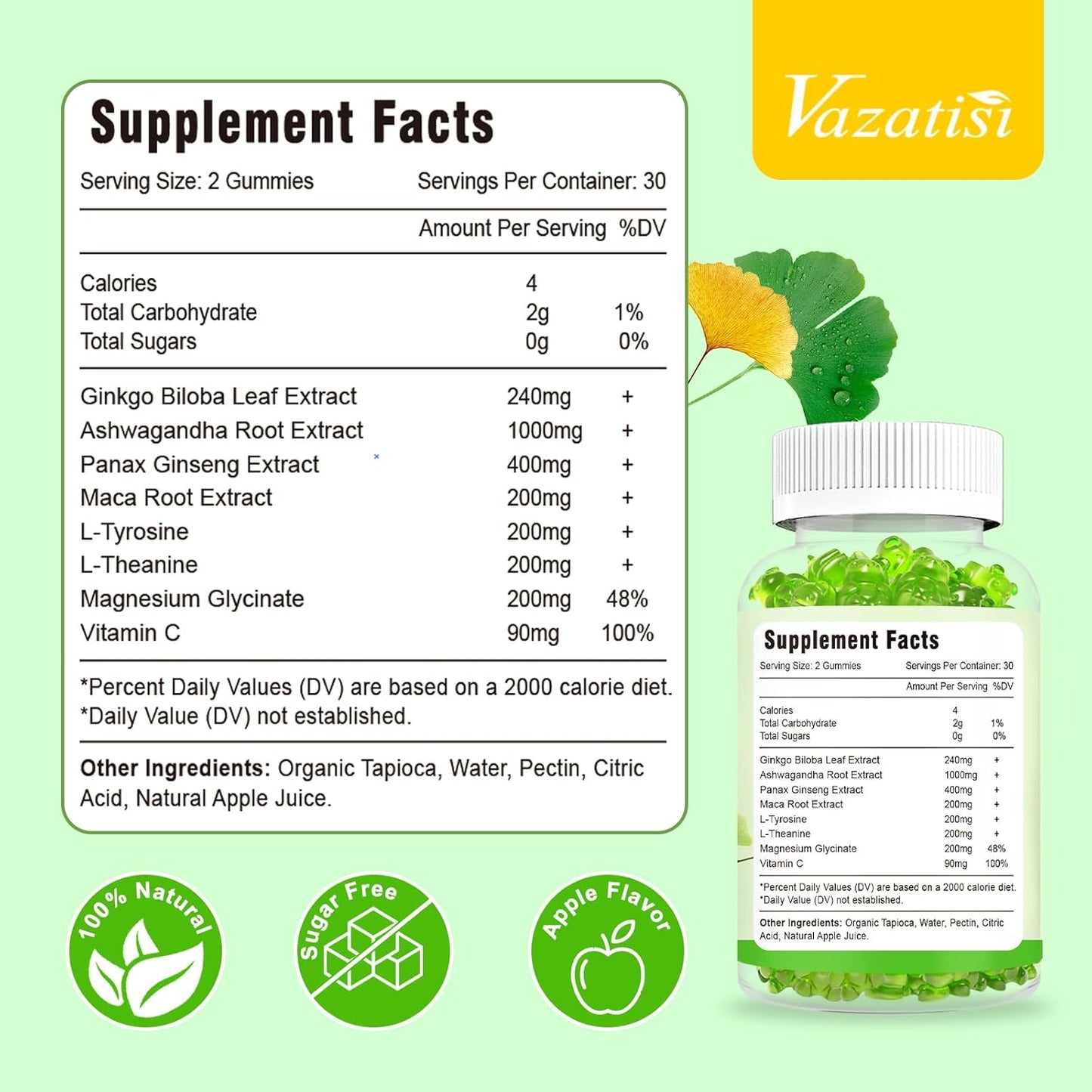 Vegan Ginkgo Biloba Gummies with Panax Ginseng for Improved Mood and Focus, Apple Flavor, 120 Count