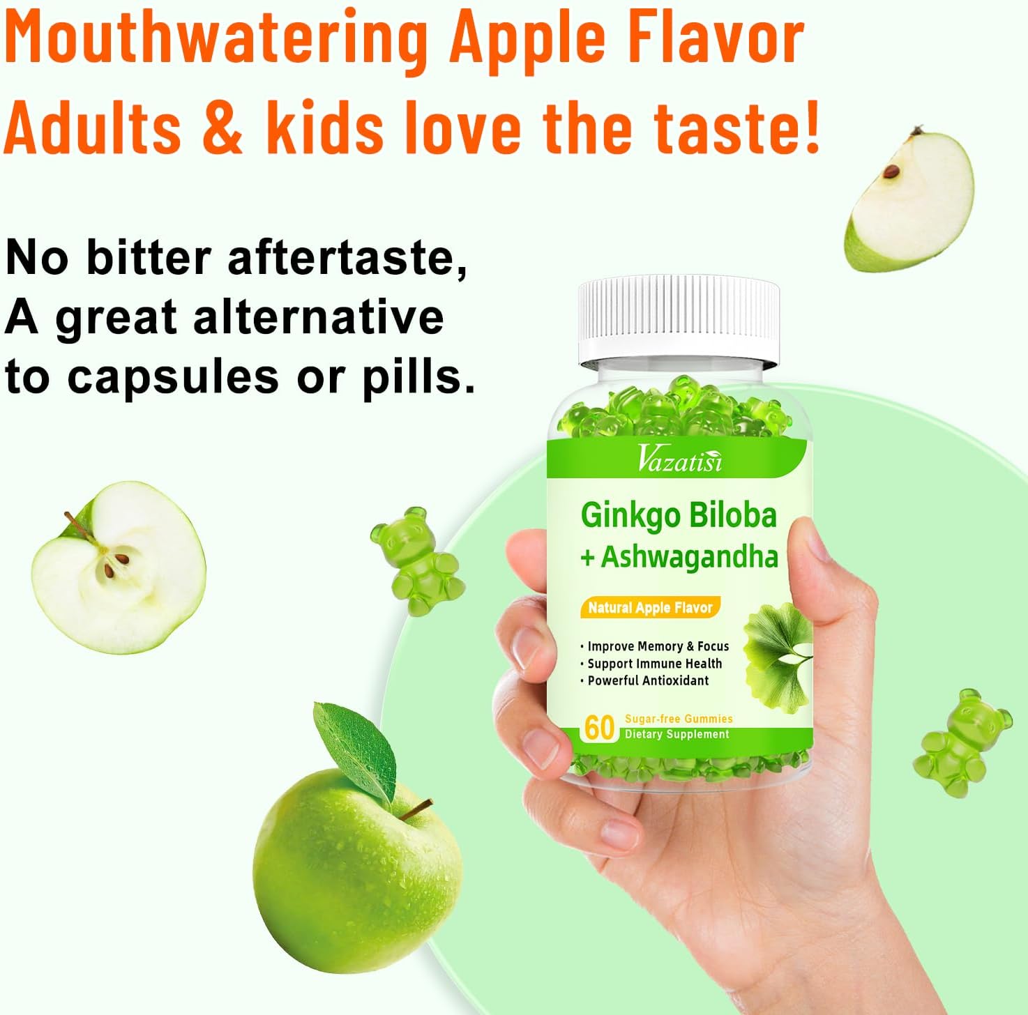 Vegan Ginkgo Biloba Gummies with Panax Ginseng for Improved Mood and Focus, Apple Flavor, 120 Count