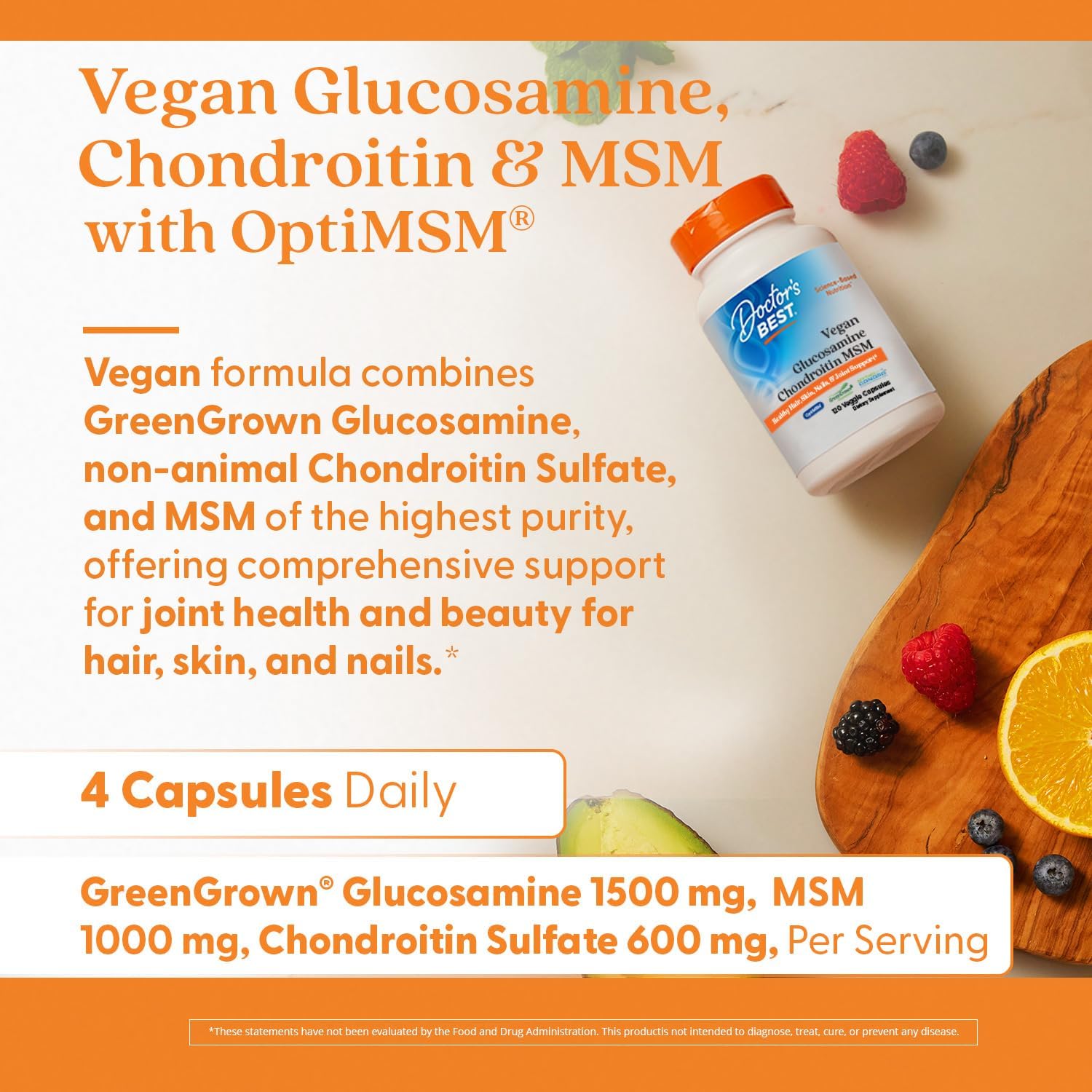 Vegan Glucosamine Chondroitin MSM Capsules for Joint Health, Hair, Skin & Nails - 120 Count By Doctor's Best