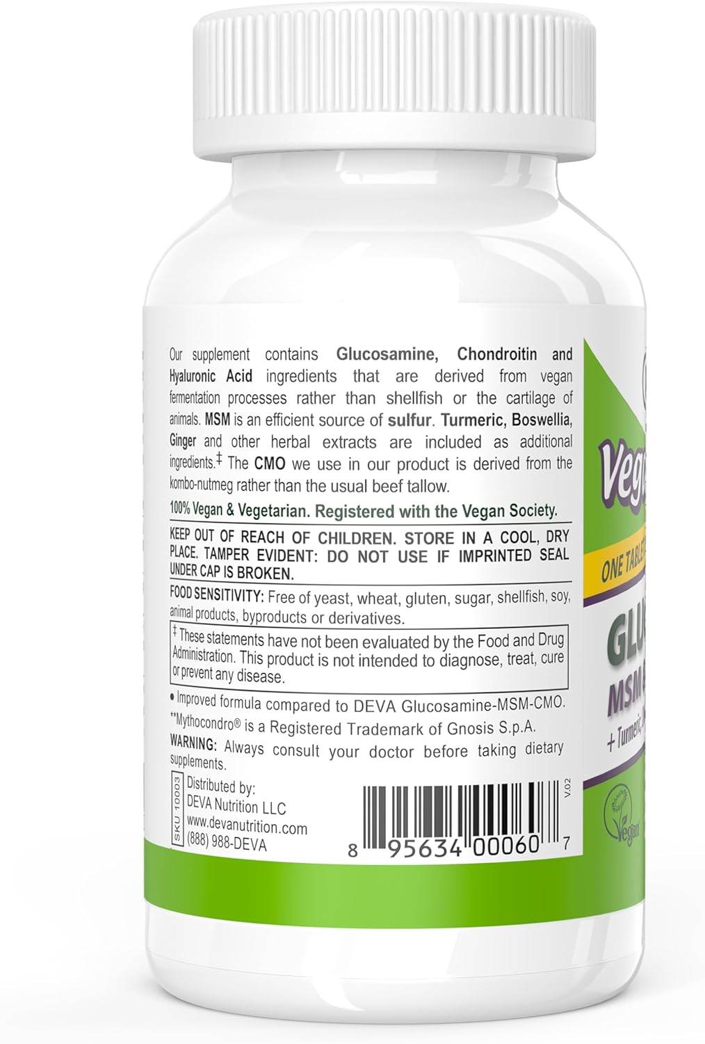 Vegan Glucosamine MSM & Chondroitin with Turmeric, Boswellia, Hyaluronic Acid - Non-Animal Formula, 180 Tablets
