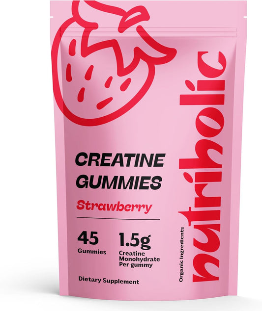 Vegan Gluten-Free Creatine Gummies for Men and Women - 1.5g Creatine per Gummy - 45ct Strawberry - Easy to Digest & Non-GMO