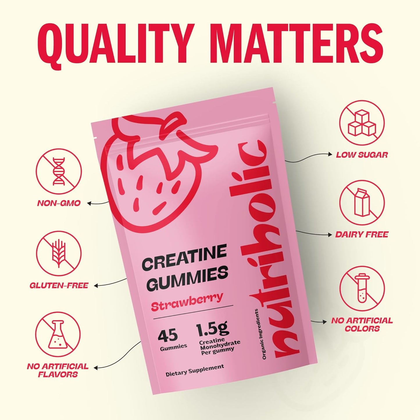 Vegan Gluten-Free Creatine Gummies for Men and Women - 1.5g Creatine per Gummy - 45ct Strawberry - Easy to Digest & Non-GMO