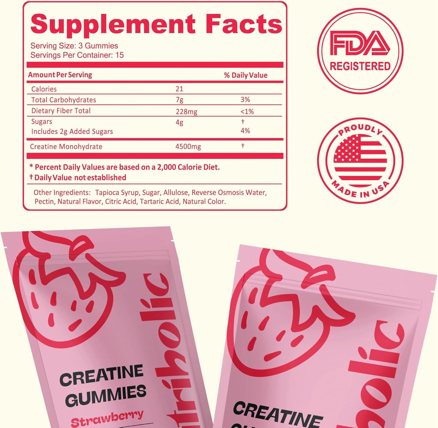 Vegan Gluten-Free Creatine Gummies for Men and Women - 1.5g Creatine per Gummy - 45ct Strawberry - Easy to Digest & Non-GMO