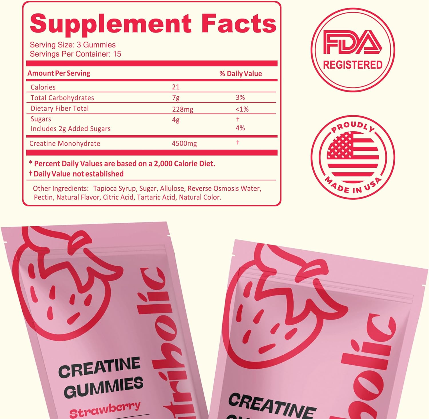 Vegan Gluten-Free Creatine Gummies for Men and Women - 1.5g Creatine per Gummy - 45ct Strawberry - Easy to Digest & Non-GMO