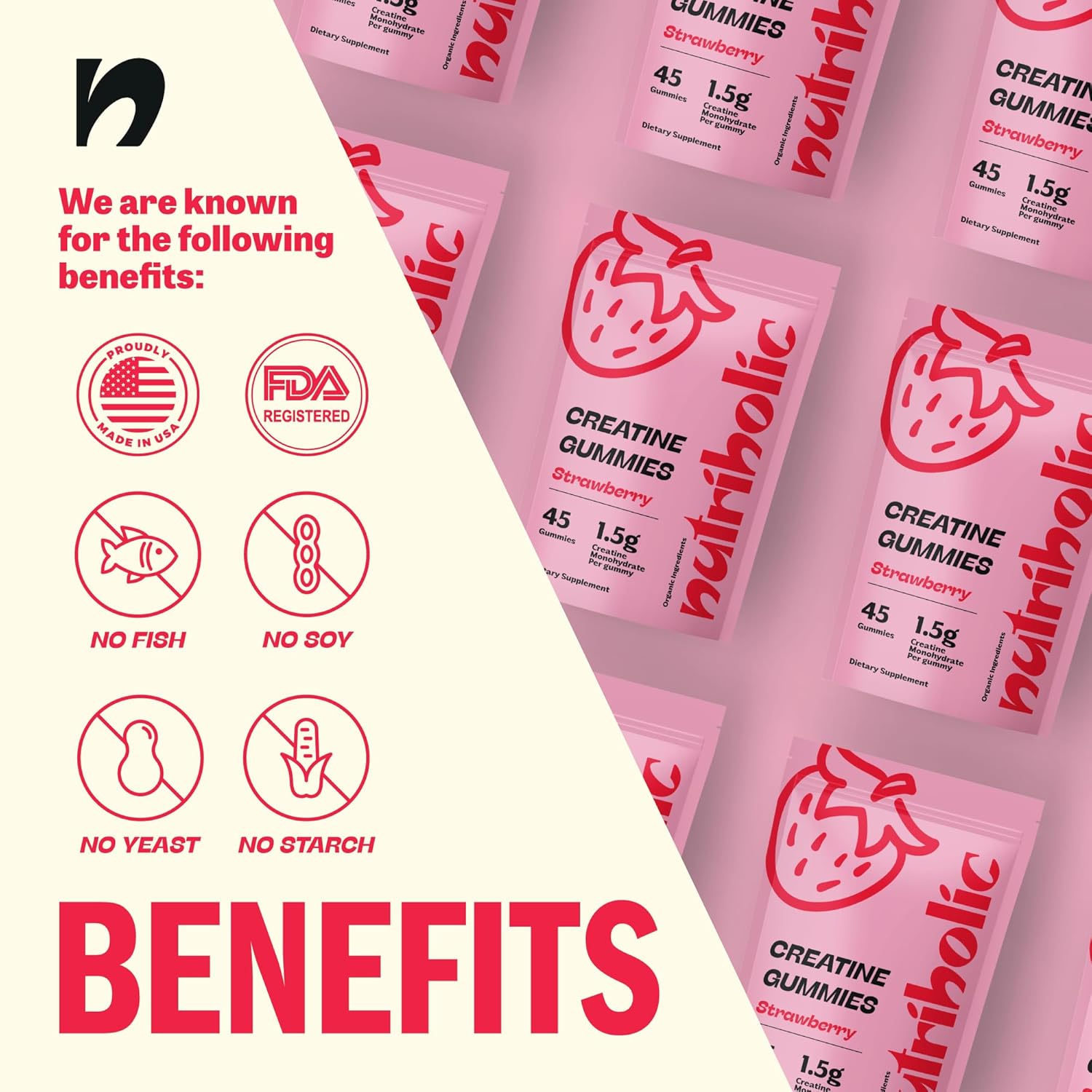 Vegan Gluten-Free Creatine Gummies for Men and Women - 1.5g Creatine per Gummy - 45ct Strawberry - Easy to Digest & Non-GMO
