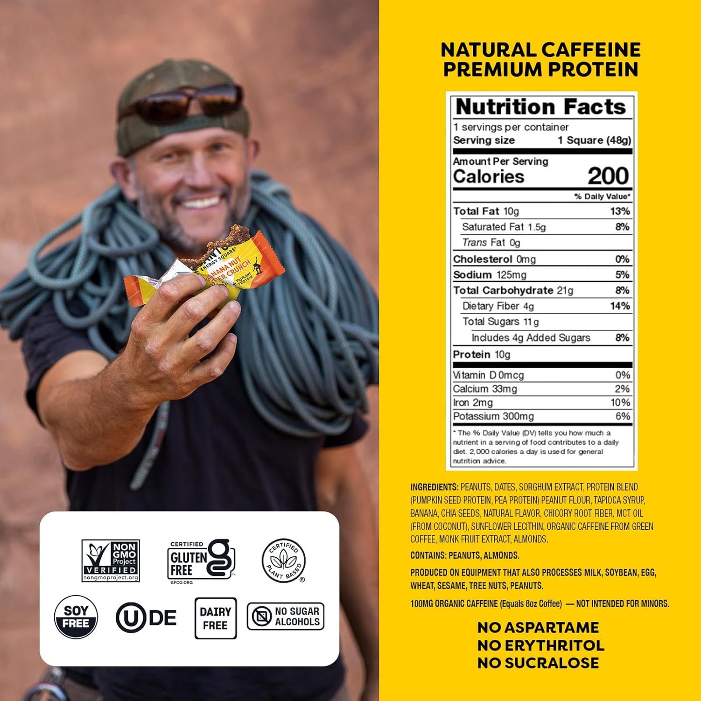 Vegan Gluten-Free Energy Bar with Caffeine & Protein - Banana Nut Butter Crunch 8 Pack