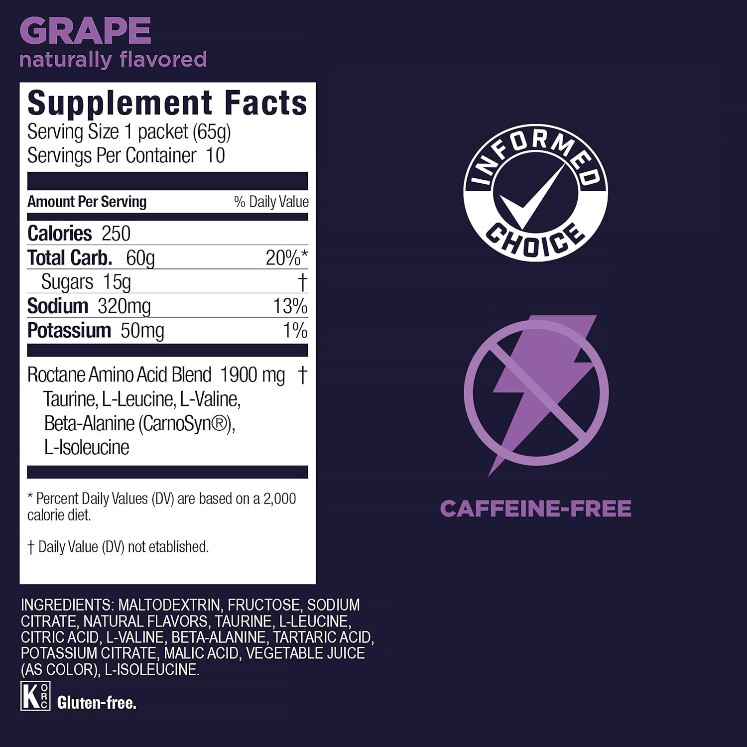 Vegan Gluten-Free GU Energy Roctane Endurance Drink Mix, Dairy-Free, Kosher, Caffeine-Free, Grape Flavor, 10 Packets