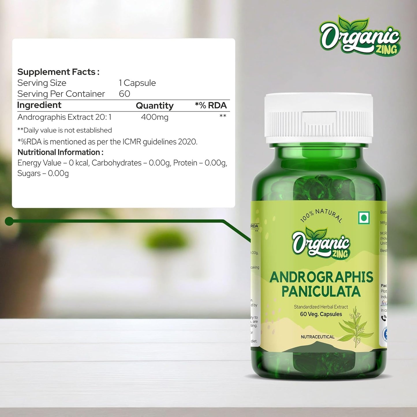 Vegan & Gluten-Free Organic Zing Andrographolide Capsules - 60 Capsules, 400mg