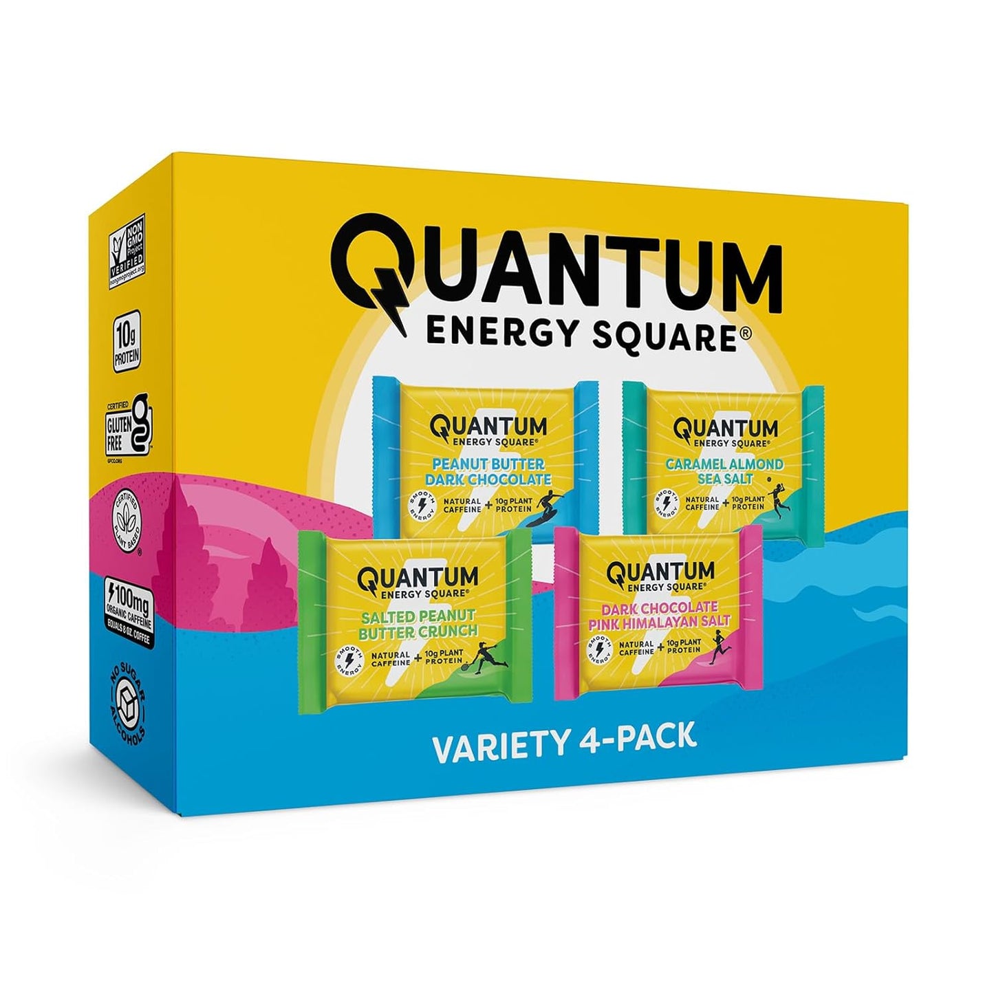 Vegan Gluten-Free Quantum Energy Square - 4-Pack Energy Bars with Caffeine & 10g Protein - Healthy Snack On-the-Go
