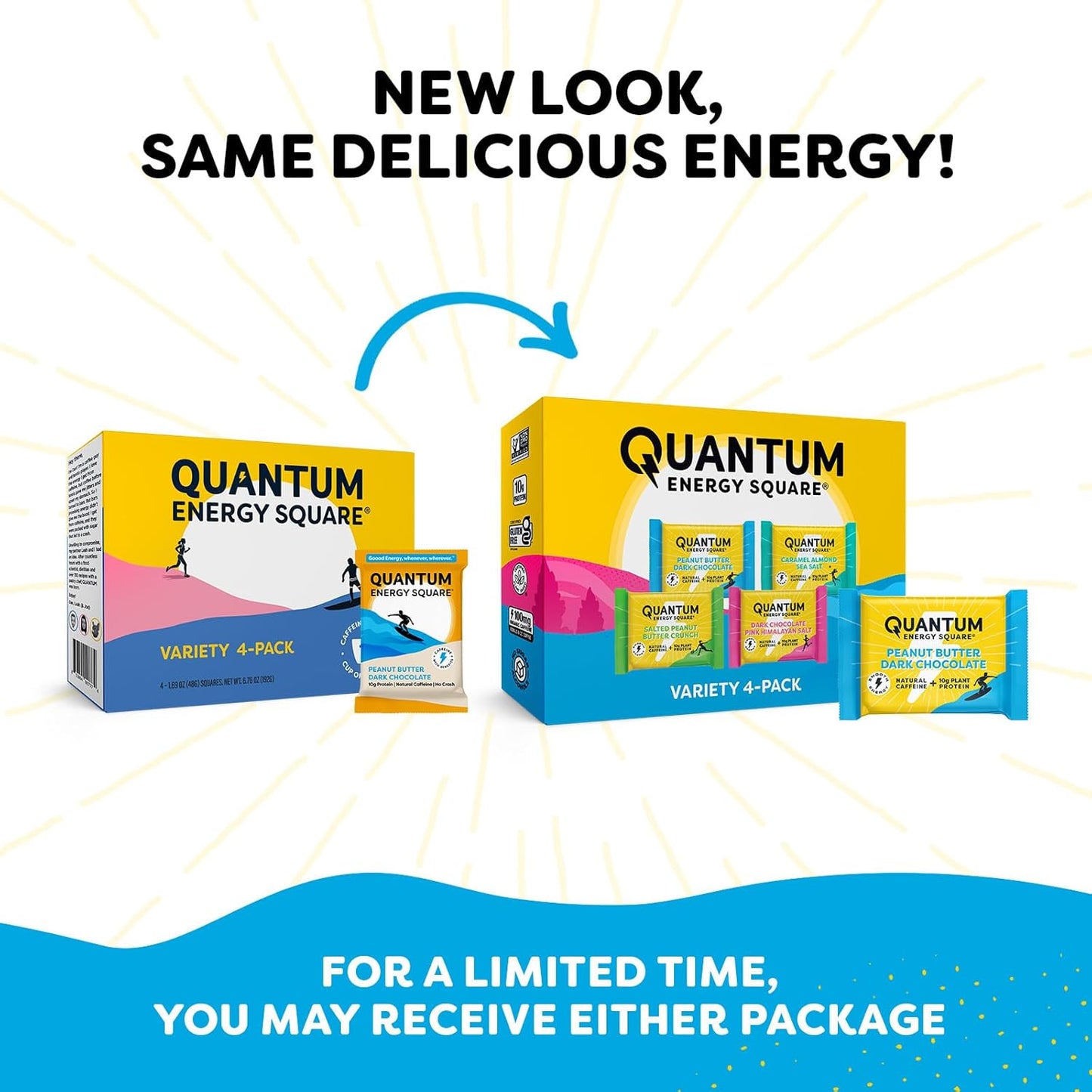 Vegan Gluten-Free Quantum Energy Square - 4-Pack Energy Bars with Caffeine & 10g Protein - Healthy Snack On-the-Go