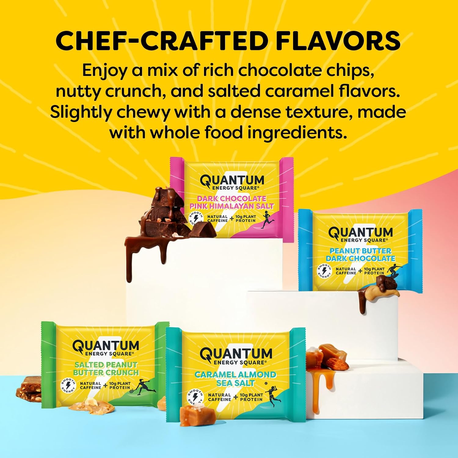 Vegan Gluten-Free Quantum Energy Square - 4-Pack Energy Bars with Caffeine & 10g Protein - Healthy Snack On-the-Go