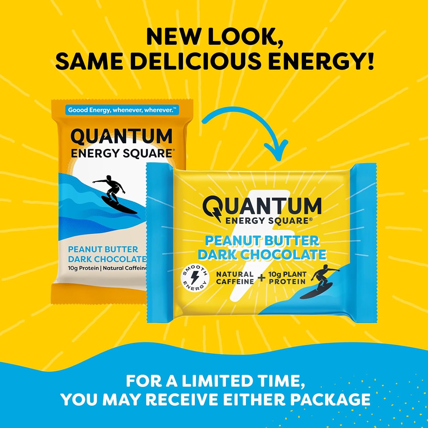 Vegan Gluten-Free Quantum Energy Square with Caffeine & 10g Protein: Peanut Butter Dark Chocolate 8Pk