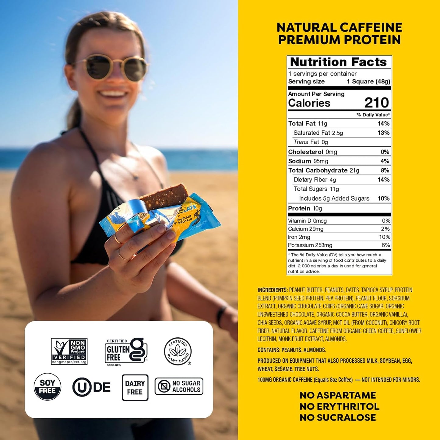 Vegan Gluten-Free Quantum Energy Square with Caffeine & 10g Protein: Peanut Butter Dark Chocolate 8Pk