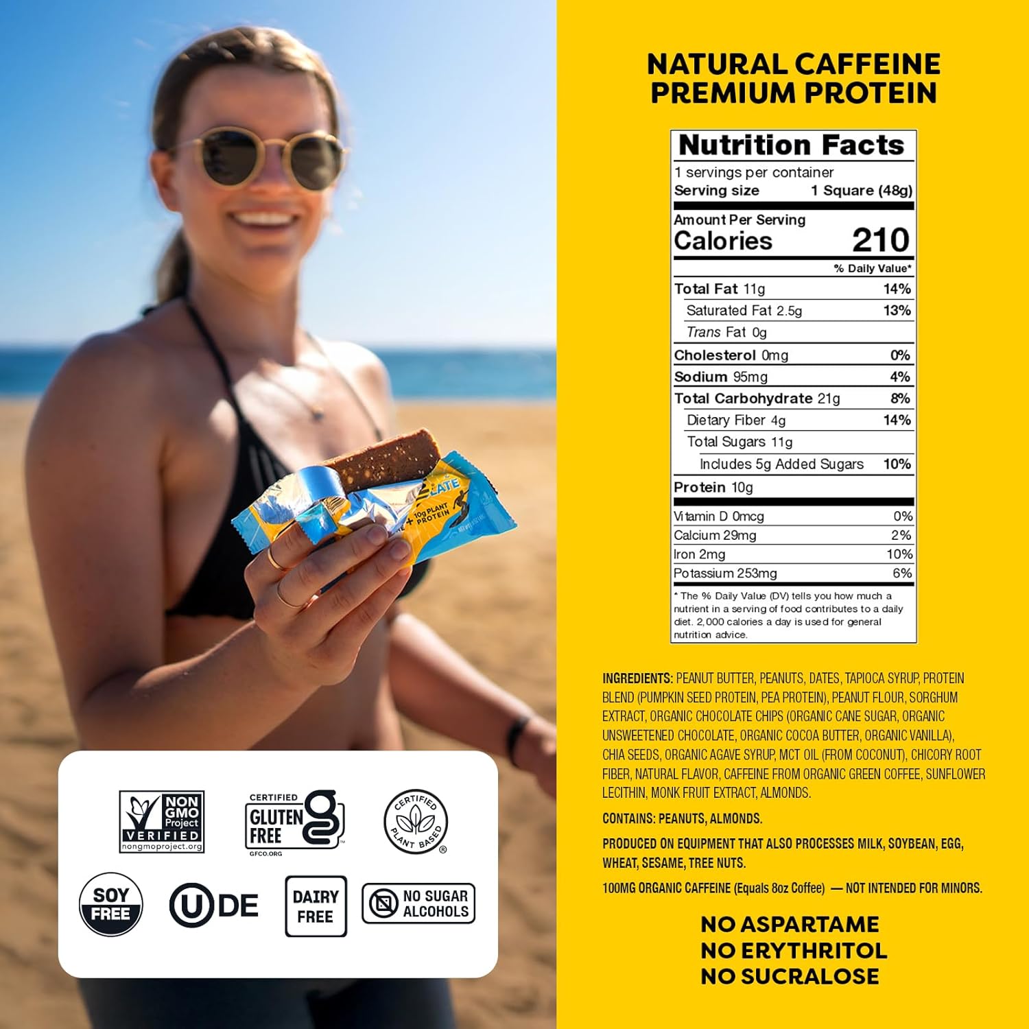 Vegan Gluten-Free Quantum Energy Square with Caffeine & 10g Protein: Peanut Butter Dark Chocolate 8Pk