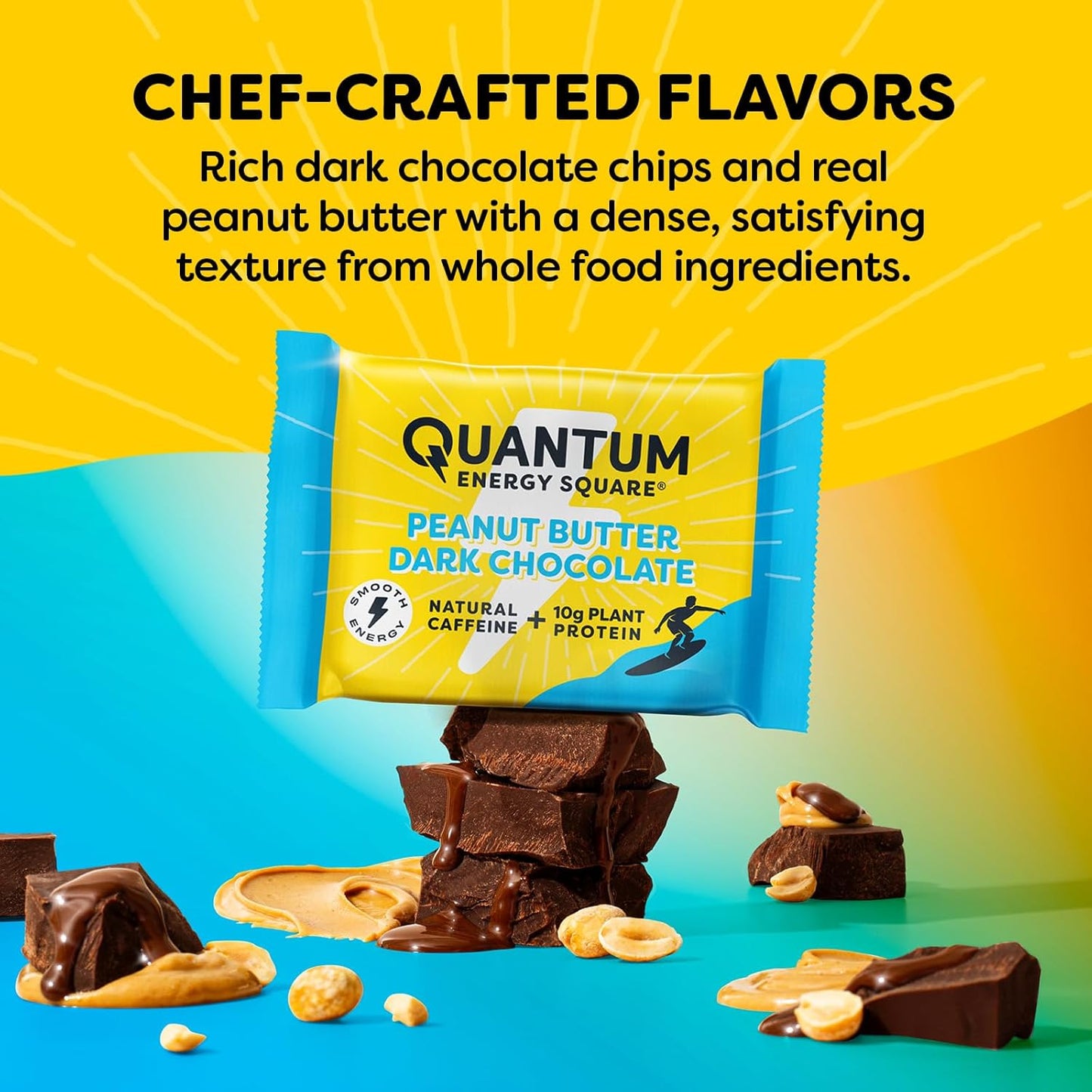 Vegan Gluten-Free Quantum Energy Square with Caffeine & 10g Protein: Peanut Butter Dark Chocolate 8Pk