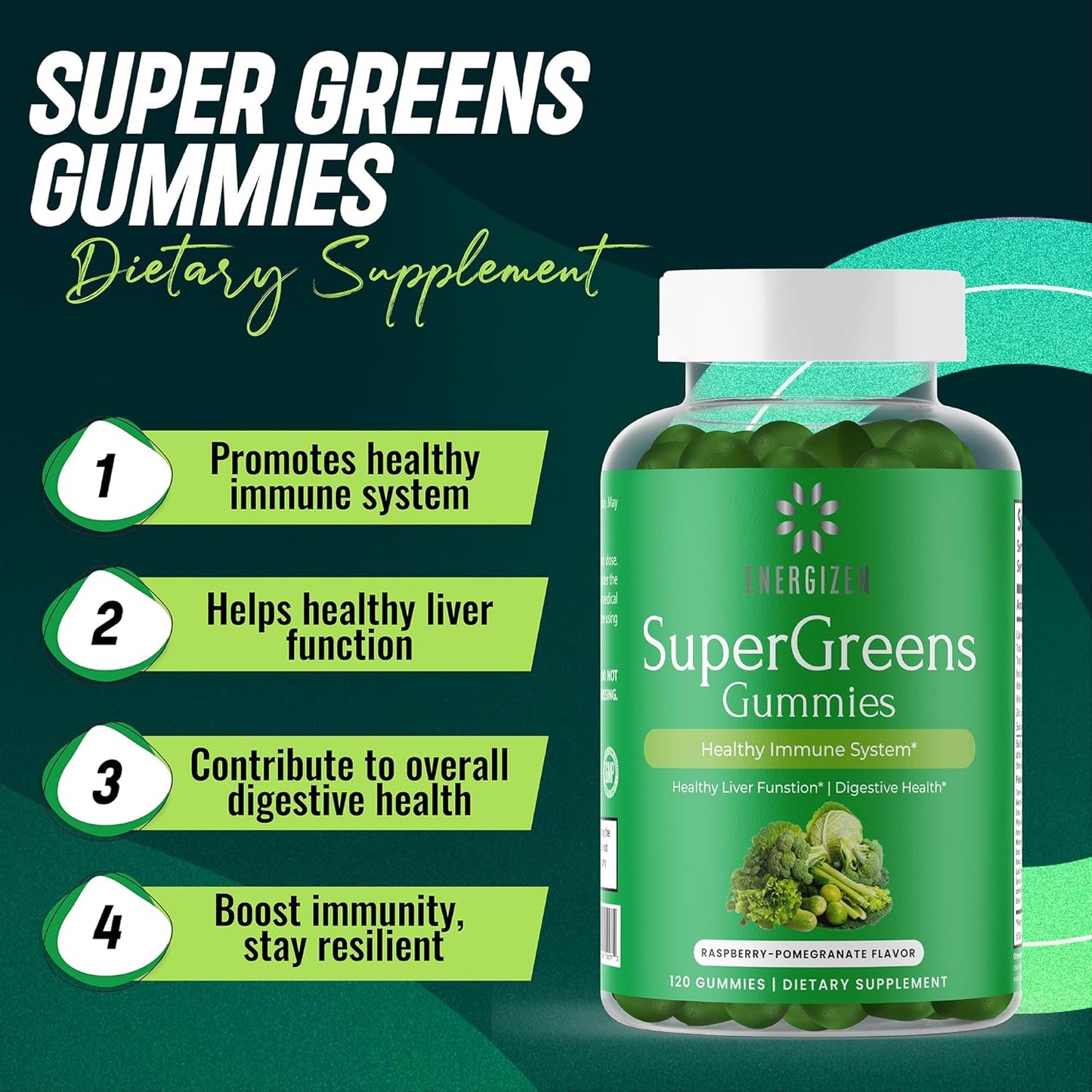 Vegan Green Superfood Gummies for Liver and Digestive Health - Immune Support - Raspberry Pomegranate Flavor - 120 Gummies