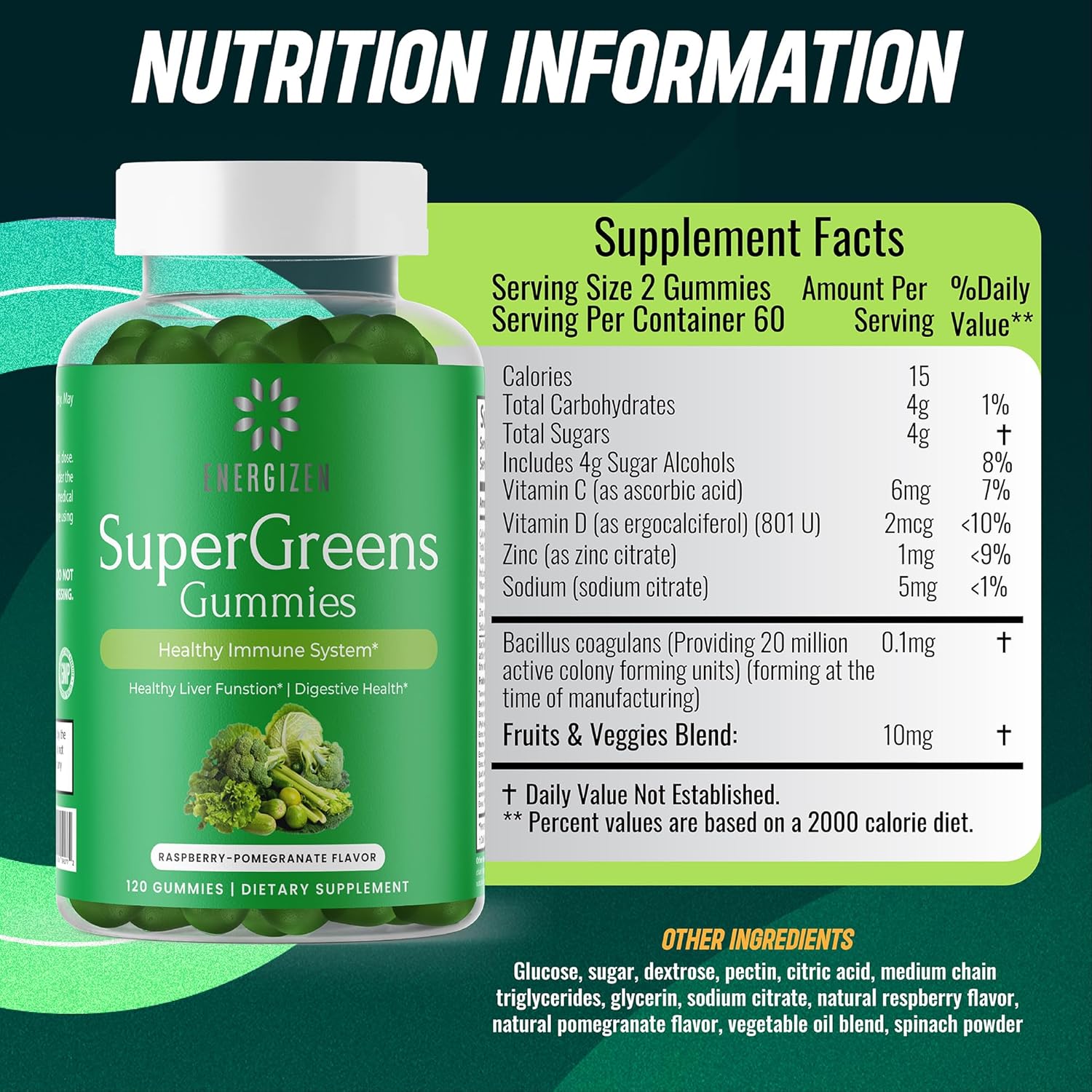 Vegan Green Superfood Gummies for Liver and Digestive Health - Immune Support - Raspberry Pomegranate Flavor - 120 Gummies