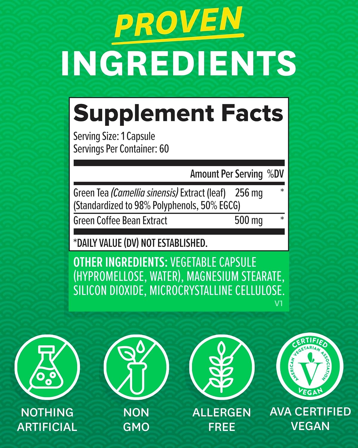 Vegan Green Tea Extract with Green Coffee Bean Extract for Skin, Heart, Brain, and Memory Support