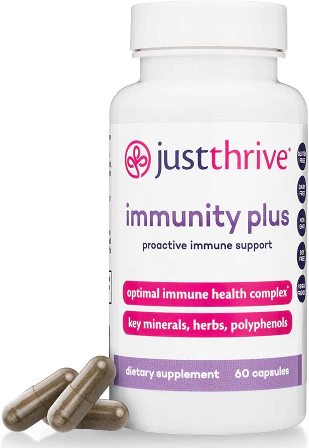 Vegan Gut Health and Immune Support Supplement - Just Thrive Immunity Plus for Kids and Adults, 60 Capsules