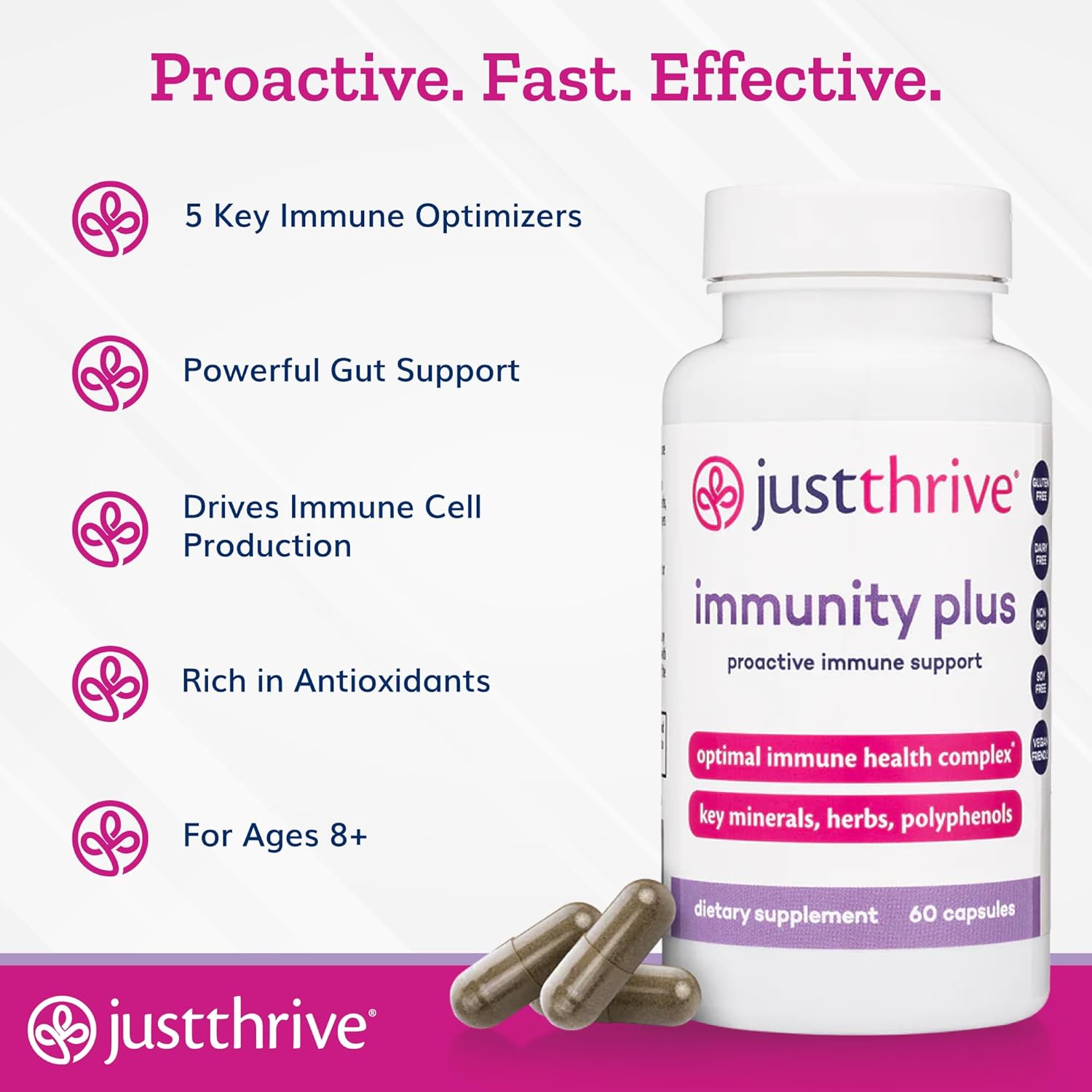 Vegan Gut Health and Immune Support Supplement - Just Thrive Immunity Plus for Kids and Adults, 60 Capsules