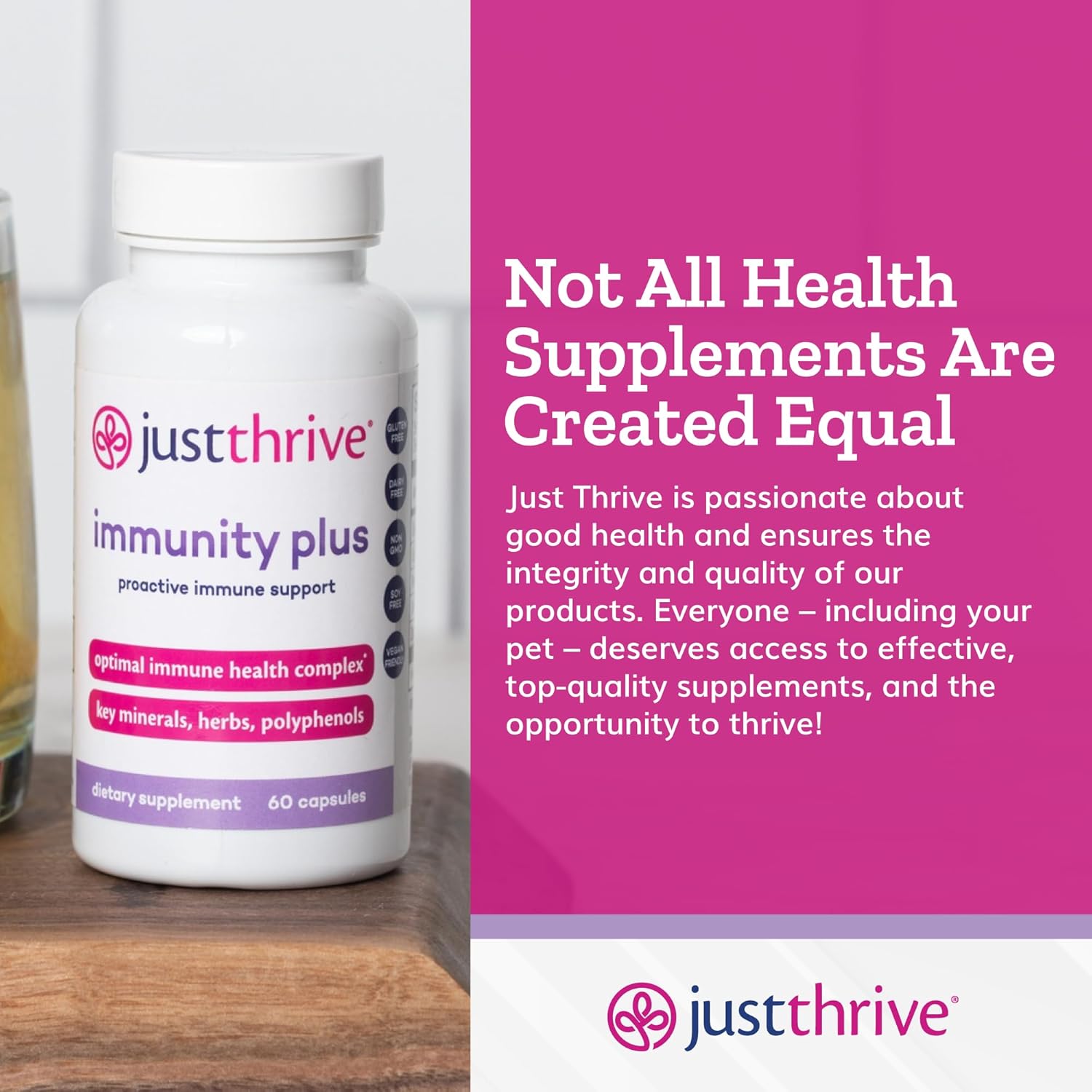 Vegan Gut Health and Immune Support Supplement - Just Thrive Immunity Plus for Kids and Adults, 60 Capsules