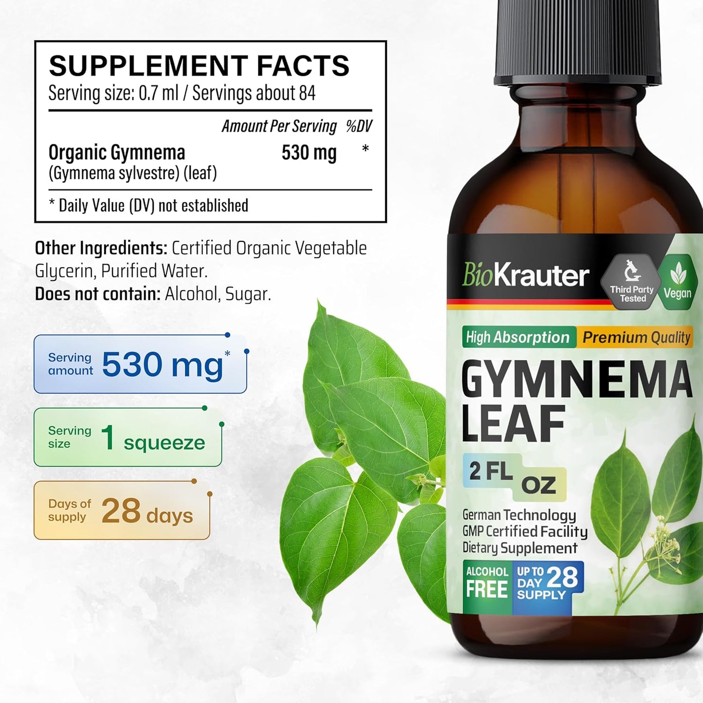 Vegan Gymnema Sylvestre Extract Drops - Alcohol and Sugar Free - 2 Fl.Oz. Leaf Extract