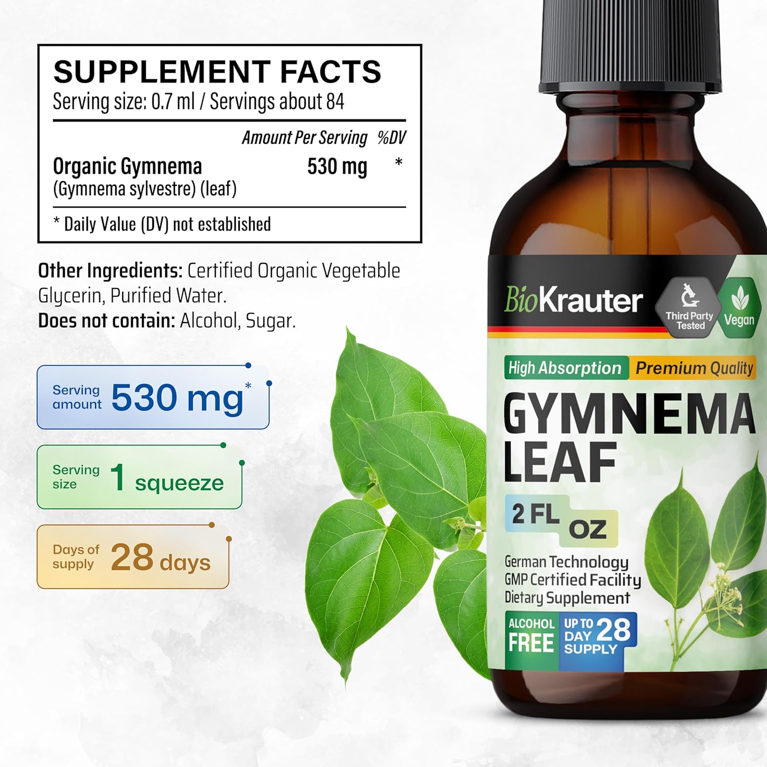 Vegan Gymnema Sylvestre Extract Drops - Alcohol and Sugar Free - 2 Fl.Oz. Leaf Extract
