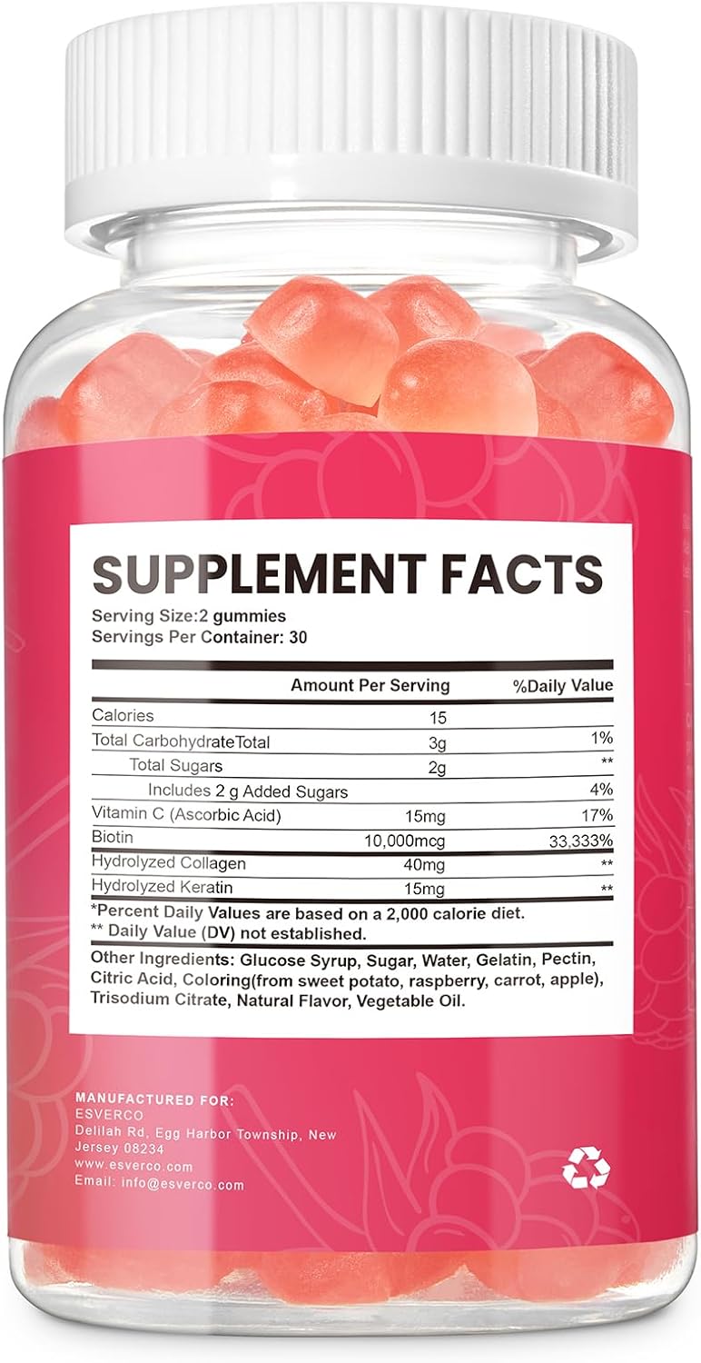 Vegan Hair Skin and Nails Gummies with Biotin 10000mcg, Keratin & Collagen - 60 Count Hair Growth & Strengthener for Women