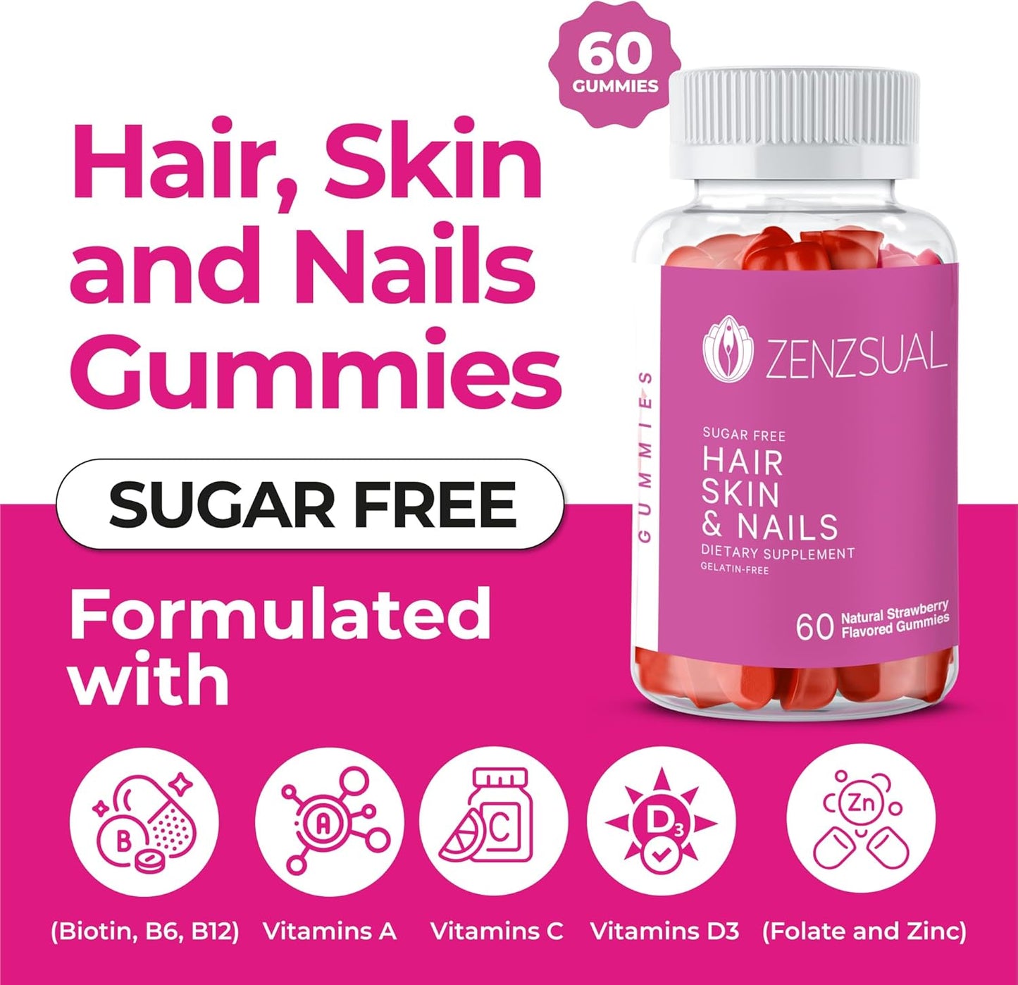 Vegan Hair, Skin, and Nails Gummies with Biotin, Vitamin C, B12, and Zinc - Sugar-Free Multivitamin Supplement (60 Gummies)