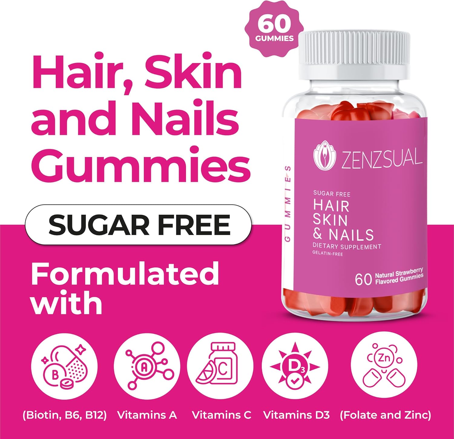 Vegan Hair, Skin, and Nails Gummies with Biotin, Vitamin C, B12, and Zinc - Sugar-Free Multivitamin Supplement (60 Gummies)