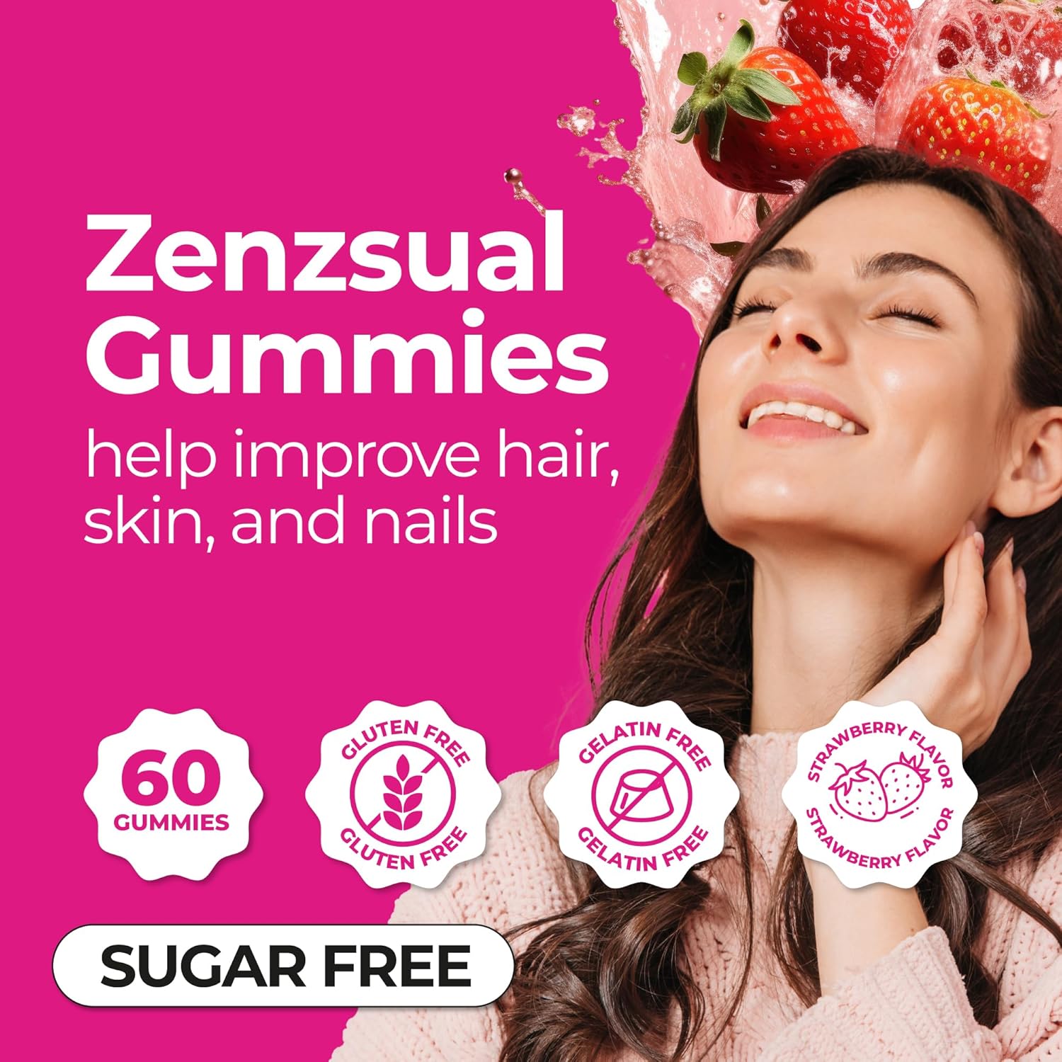 Vegan Hair, Skin, and Nails Gummies with Biotin, Vitamin C, B12, and Zinc - Sugar-Free Multivitamin Supplement (60 Gummies)