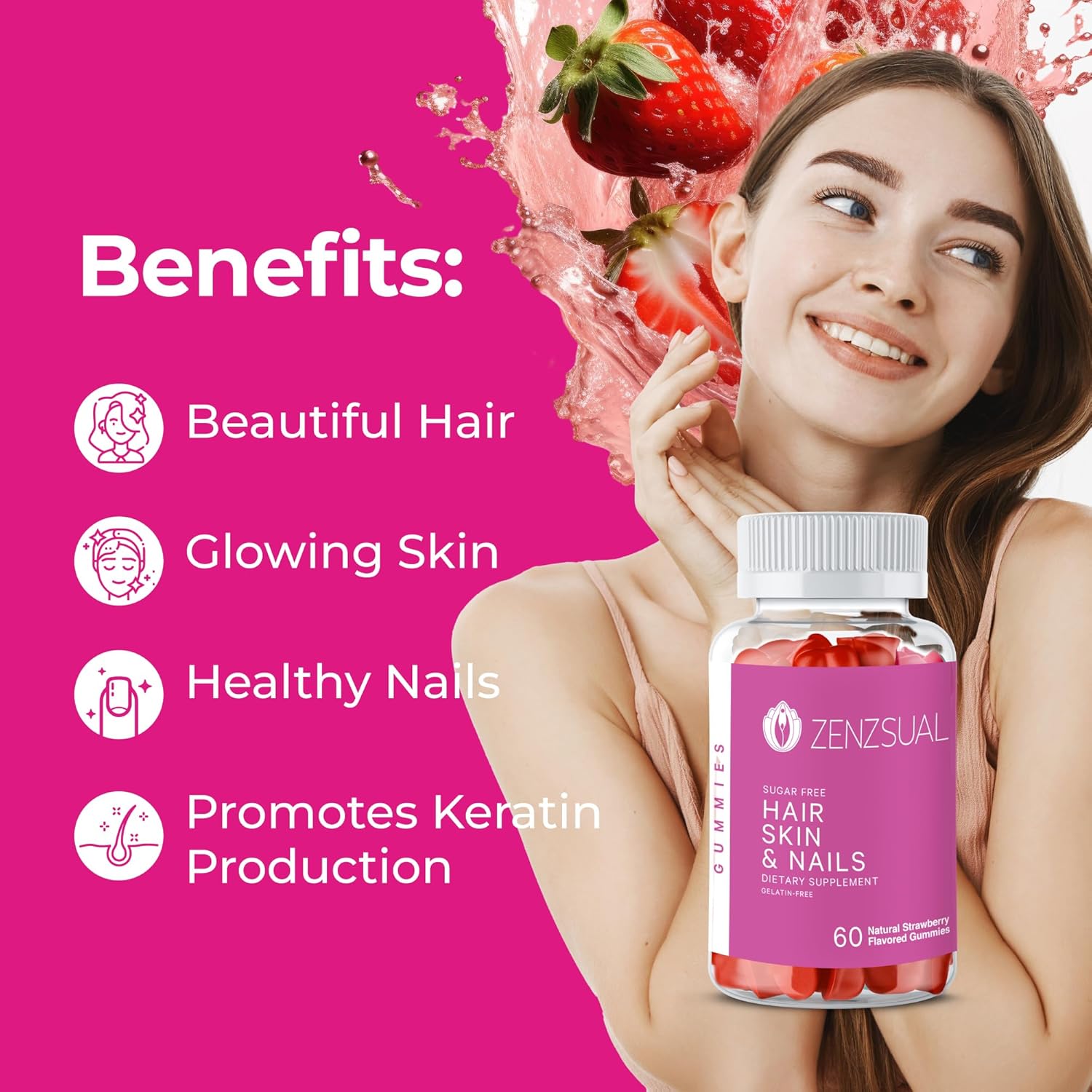 Vegan Hair, Skin, and Nails Gummies with Biotin, Vitamin C, B12, and Zinc - Sugar-Free Multivitamin Supplement (60 Gummies)