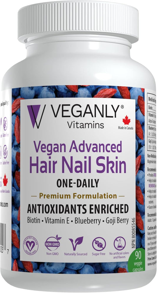 Vegan Hair, Skin & Nail Vitamins - Antioxidant Enriched One-Daily Supplement, 90 Veggie Caps - Plant Based with Biotin & Superfoods - Promotes Healthy Hair, Skin, and Nails