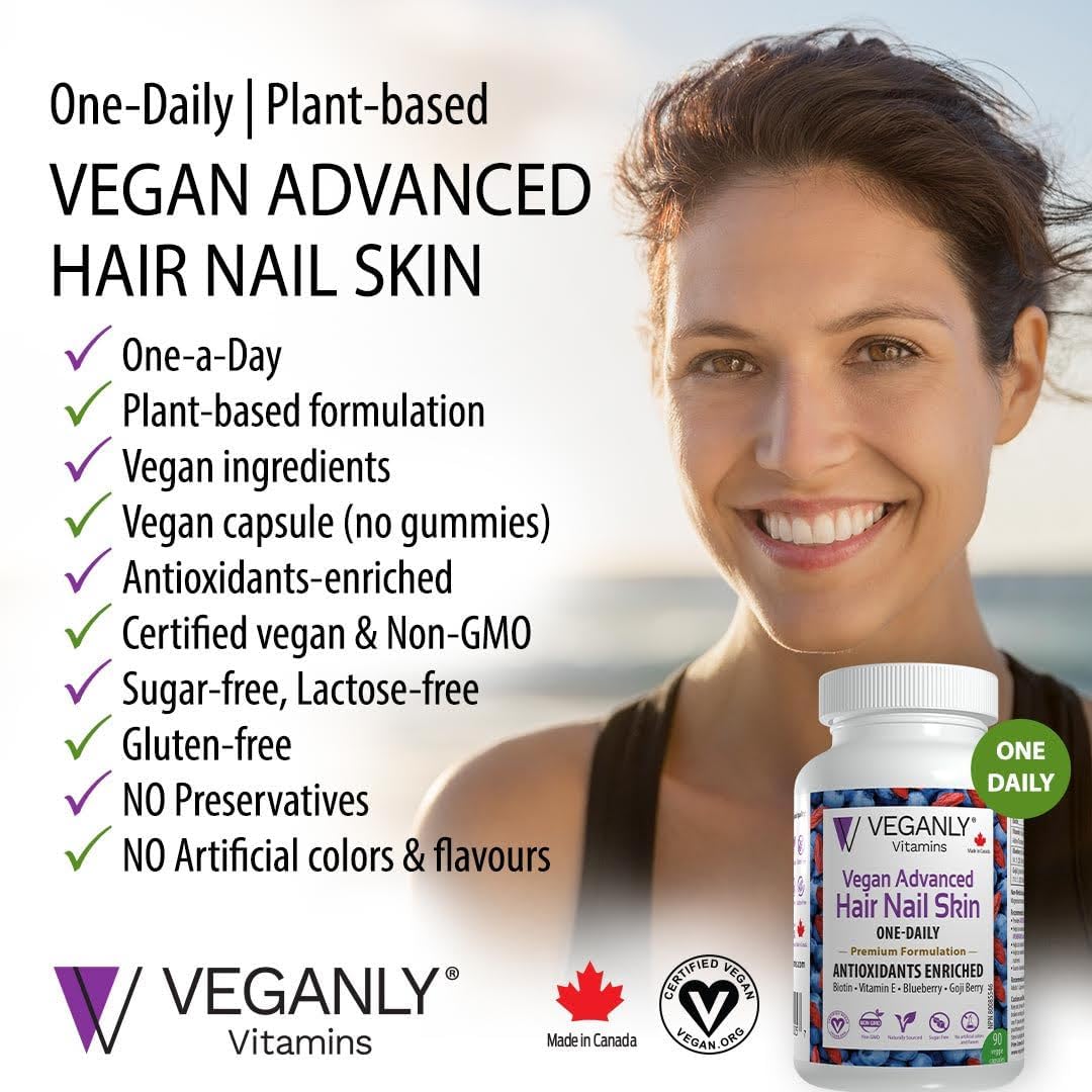 Vegan Hair, Skin & Nail Vitamins - Antioxidant Enriched One-Daily Supplement, 90 Veggie Caps - Plant Based with Biotin & Superfoods - Promotes Healthy Hair, Skin, and Nails
