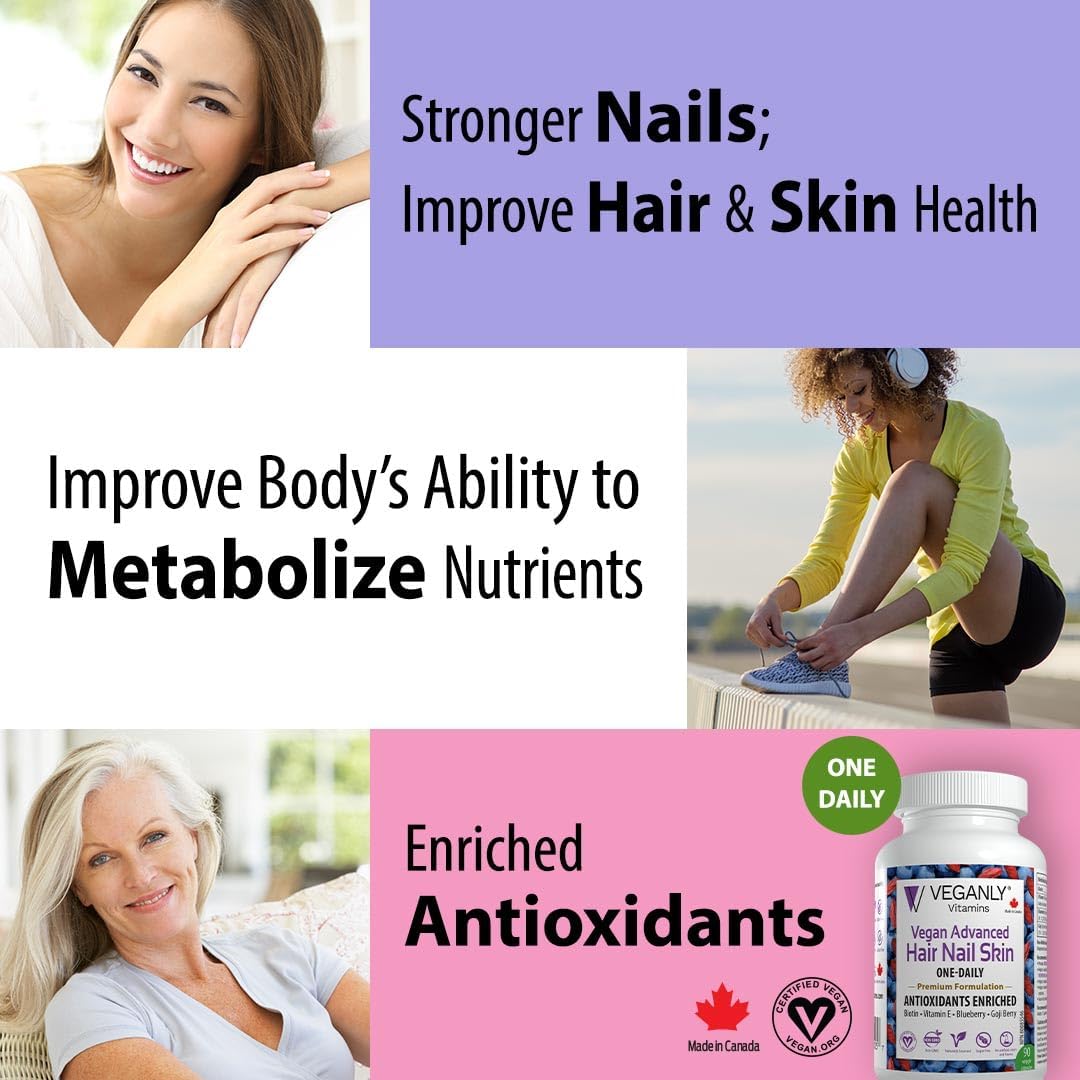 Vegan Hair, Skin & Nail Vitamins - Antioxidant Enriched One-Daily Supplement, 90 Veggie Caps - Plant Based with Biotin & Superfoods - Promotes Healthy Hair, Skin, and Nails