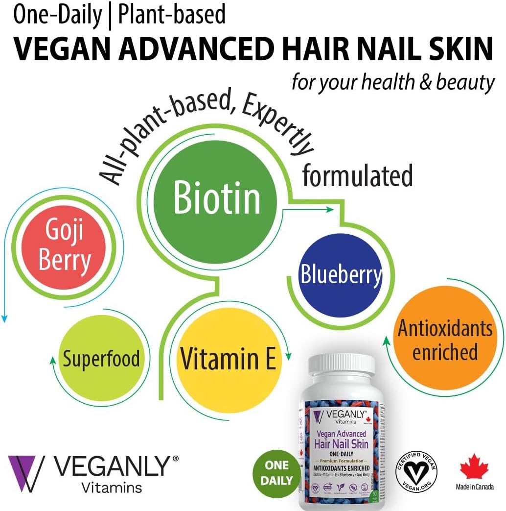 Vegan Hair, Skin & Nail Vitamins - Antioxidant Enriched One-Daily Supplement, 90 Veggie Caps - Plant Based with Biotin & Superfoods - Promotes Healthy Hair, Skin, and Nails