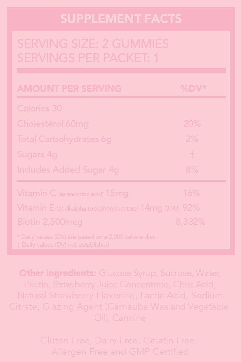 Vegan Hair, Skin, Nails Gummies - Strawberry Flavor | Supports Healthy Hair, Nails & Skin | 30-Day Supply