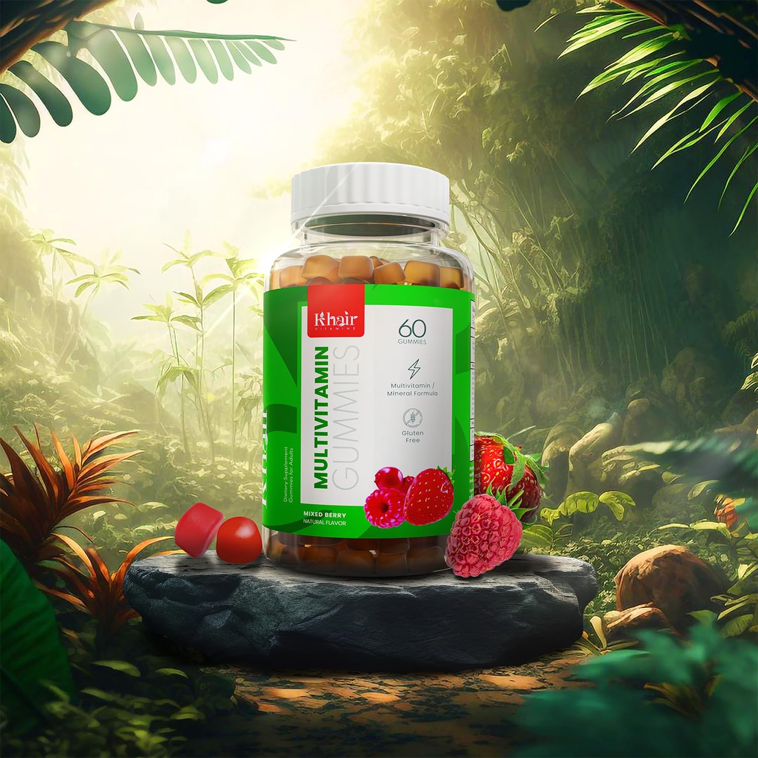 Vegan Halal Adult Multivitamin Gummies - Non-GMO, Gluten-Free - Essential Vitamins A, E, C, D, B12, B6 - 60 Count