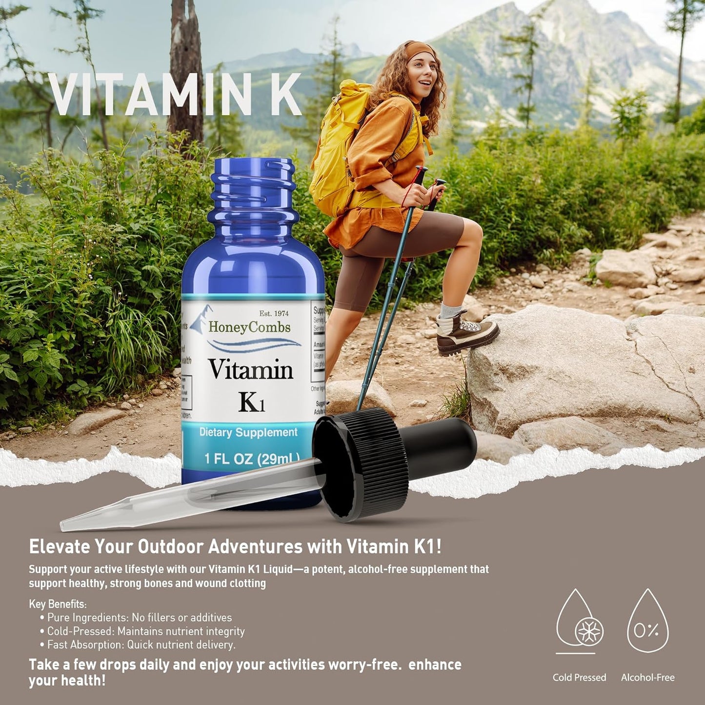 Vegan HoneyCombs Liquid Vitamin B6 & K1 Drops, Non-GMO Extract for Overall Health, 1 fl oz - Pyridoxine & Vitamin K Blend