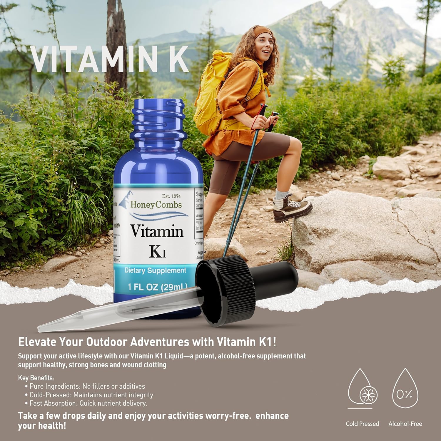 Vegan HoneyCombs Liquid Vitamin B6 & K1 Drops, Non-GMO Extract for Overall Health, 1 fl oz - Pyridoxine & Vitamin K Blend