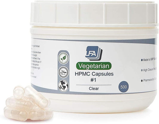 Vegan HPMC Clear Empty Capsules Size 1 - 500 Count for DIY Supplement Pills - Halal Kosher Hypromellose - Fits Tablet Presses & Filling Machines