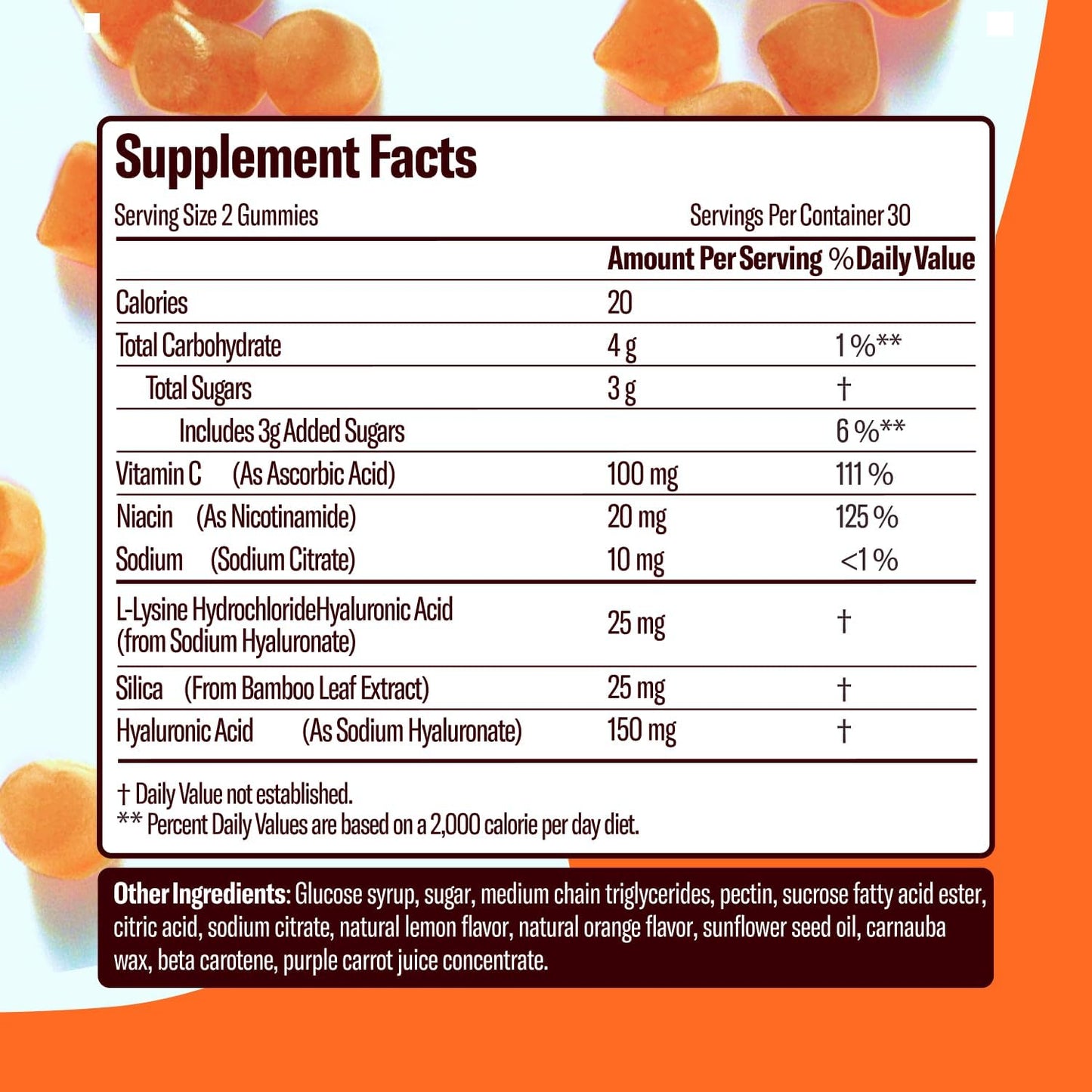 Vegan Hyaluronic Acid & Vitamin C Gummies for Bright, Dewy Skin - Non-GMO, Gelatin-Free, Orange Flavor - 30-Day Supply