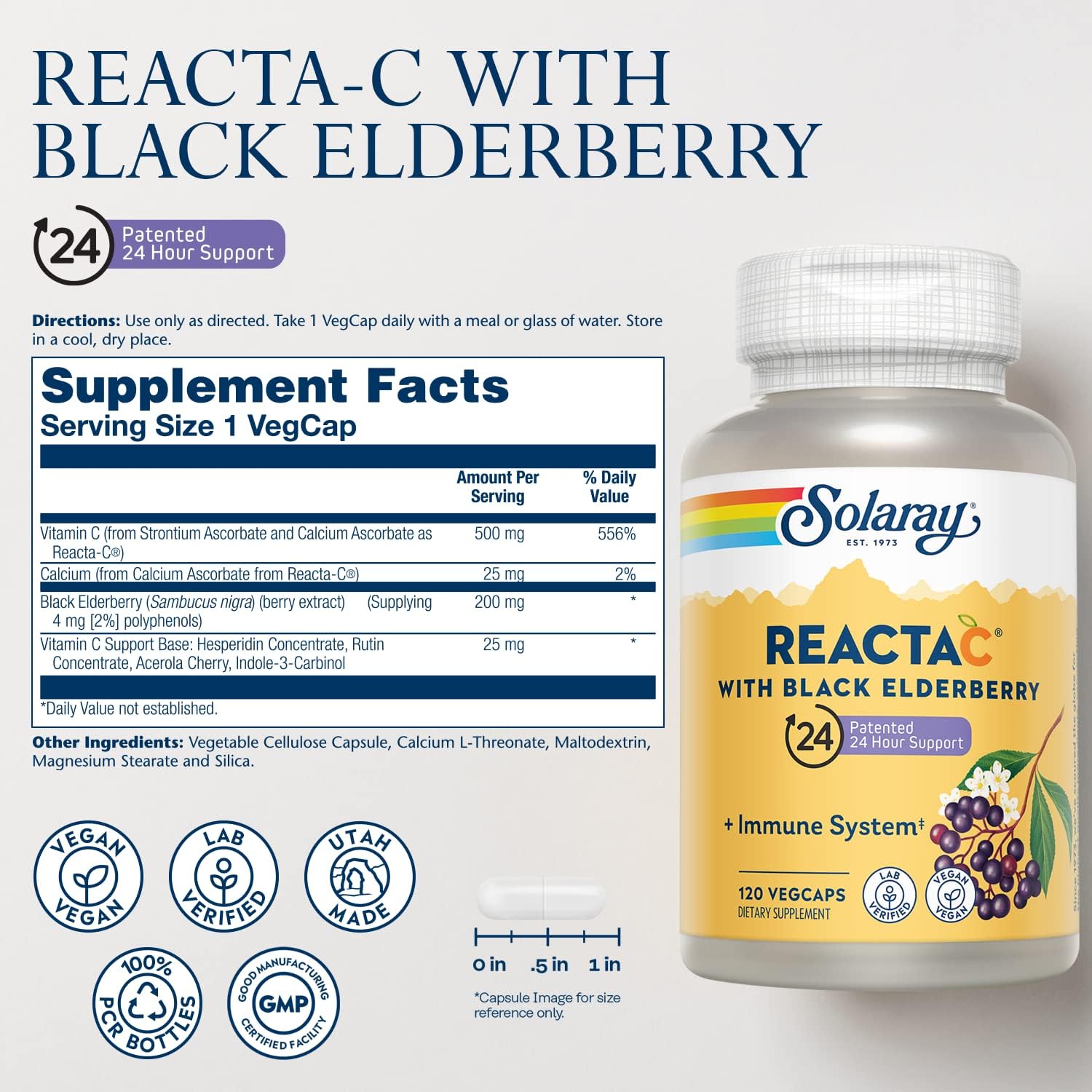 Vegan Immune Support Supplement with Vitamin C and Elderberry Extract - 120 Capsules