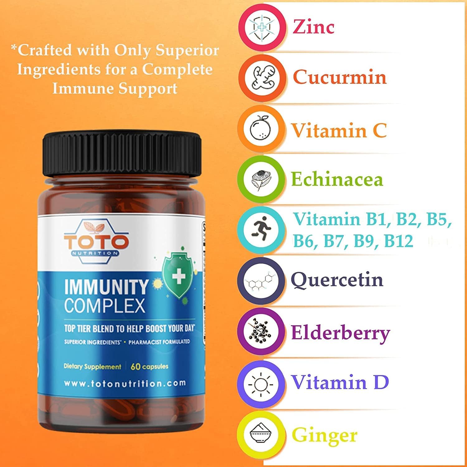 Vegan Immunity Support Supplement with Vitamin C, D, Elderberry, Echinacea, and Zinc for Boosting Immune System Health