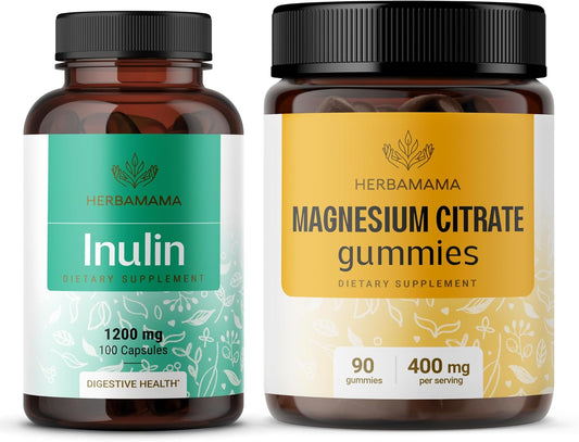 Vegan Inulin Fiber Capsules and Magnesium Citrate Gummies Bundle - 2 Pack - Non-GMO, Gelatin-Free - HERBAMAMA Kit
