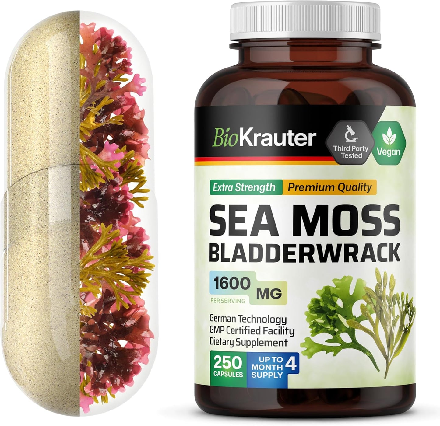 Vegan Irish Sea Moss Capsules 1600 mg - 250 Count - Organic Bladderwrack & Chondrus Crispus Supplement