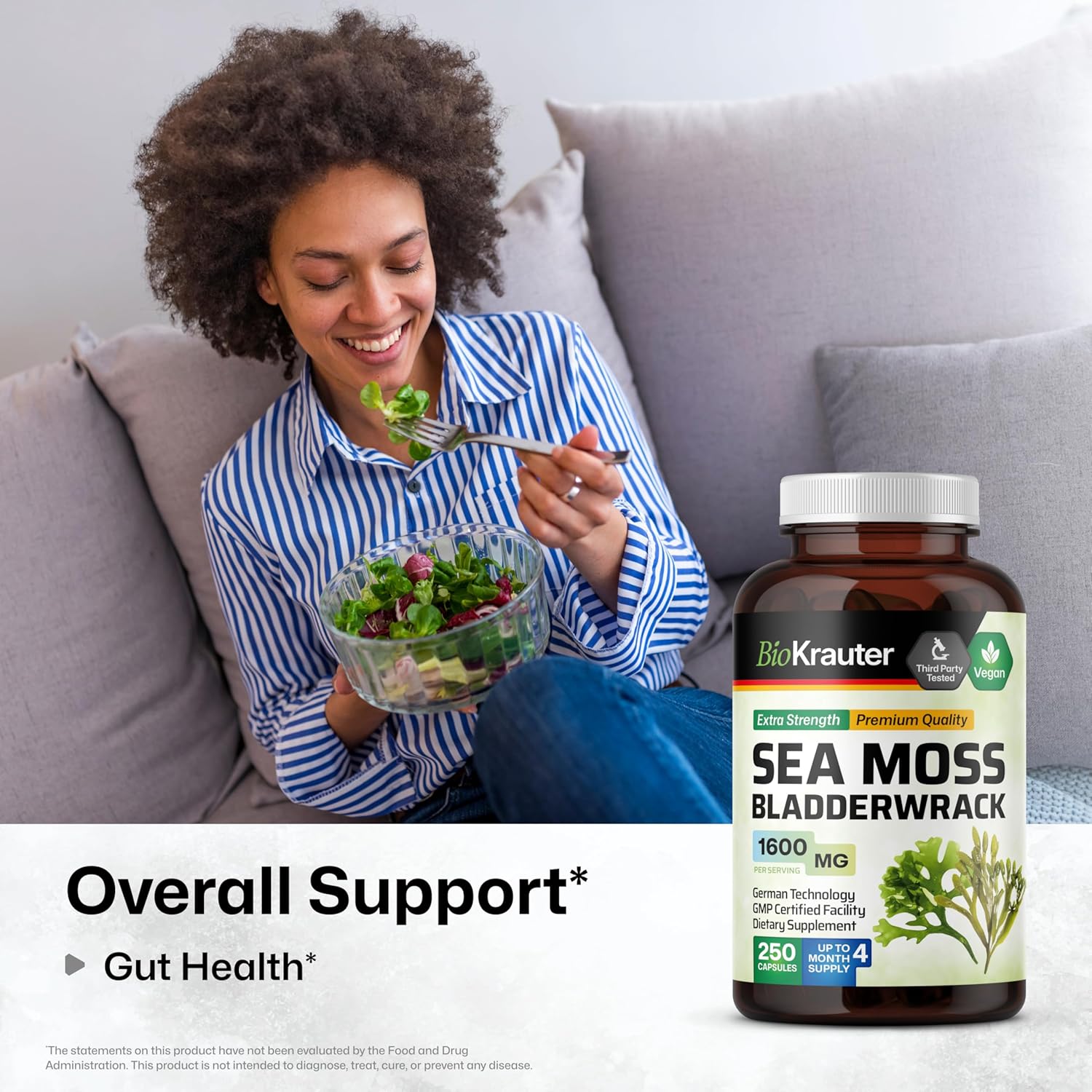Vegan Irish Sea Moss Capsules 1600 mg - 250 Count - Organic Bladderwrack & Chondrus Crispus Supplement